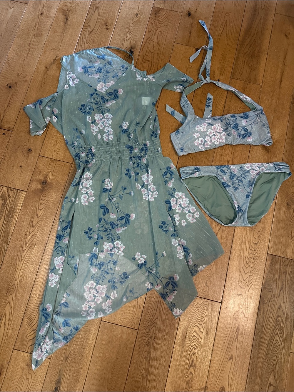 BECCA Sage Green Floral Swim Cover-Up and Bikini Set large D top